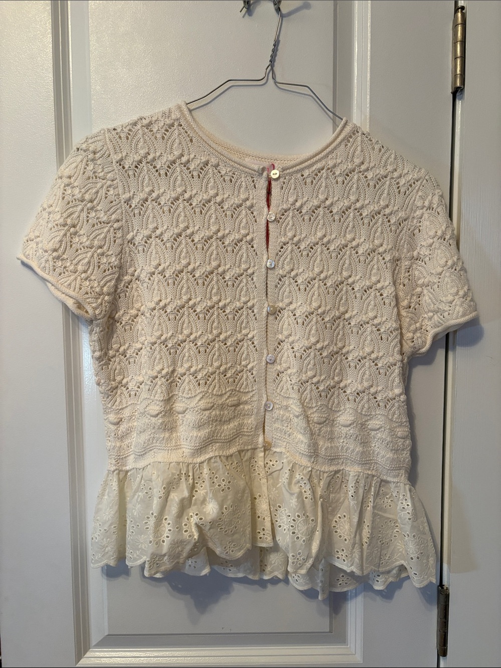 Savida Cream Crochet Knit Peplum Button-Up Top. Size L